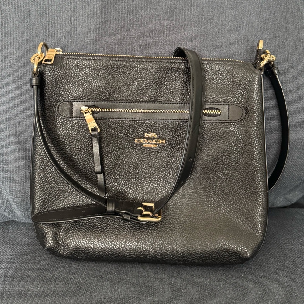 Coach Black Pebbled Leather Crossbody Bag with Gold Accents